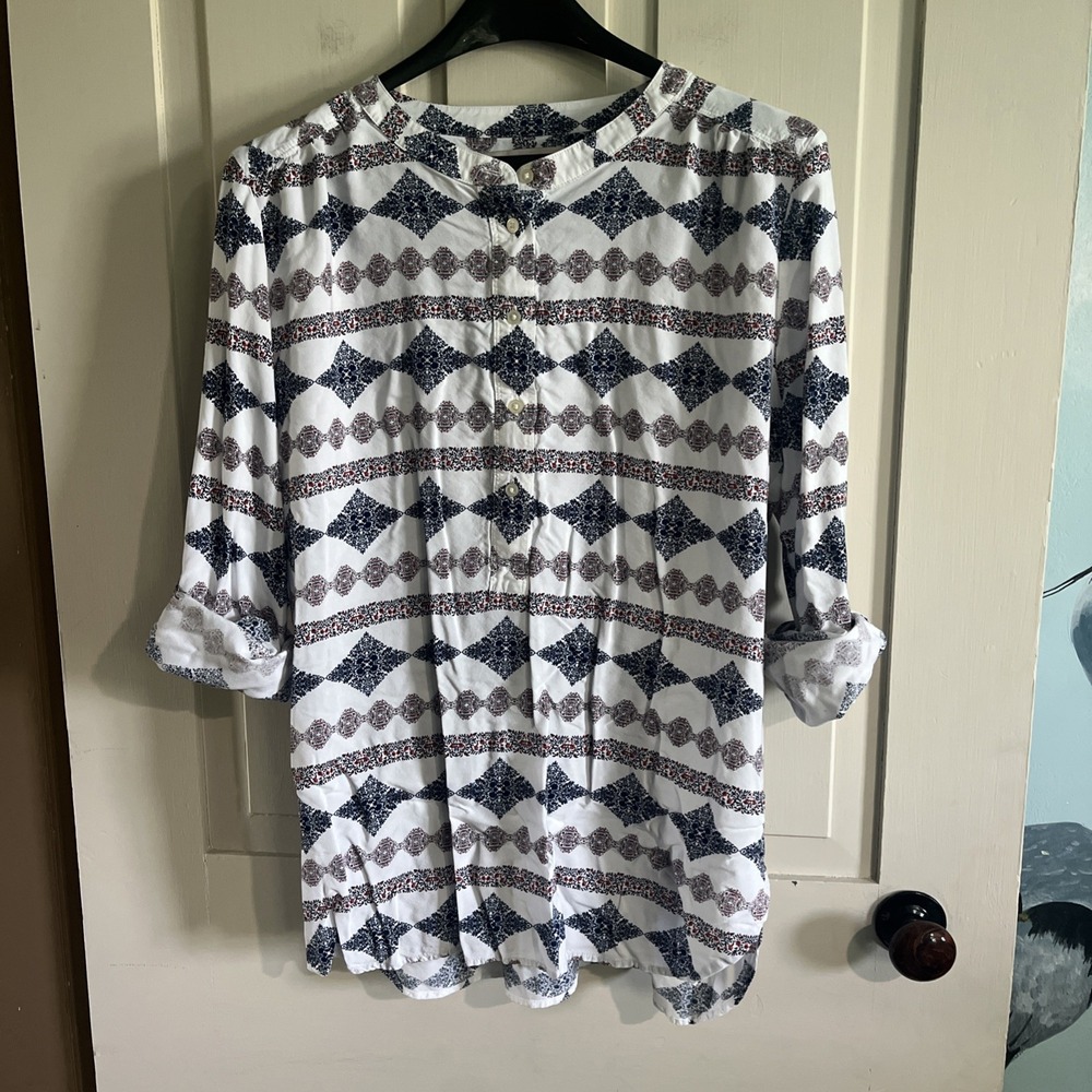 Loft Womens Casual White Geometric Pattern Popover Blouse Long/Roll Sleeve Large